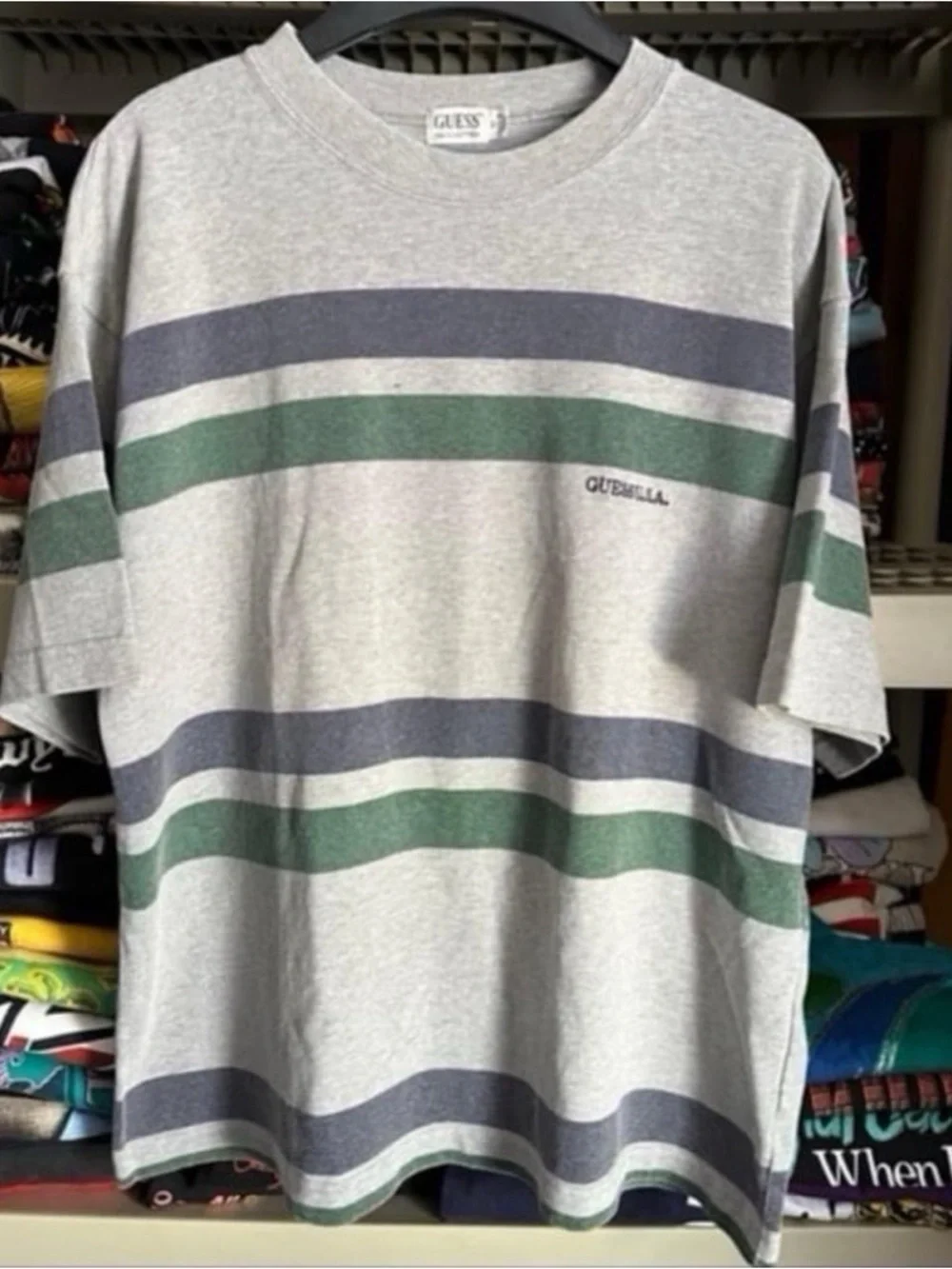 Vintage 1990s Guess Grey Striped Crewneck Tee - Grey, Green & Navy medium - Picture 4 of 6